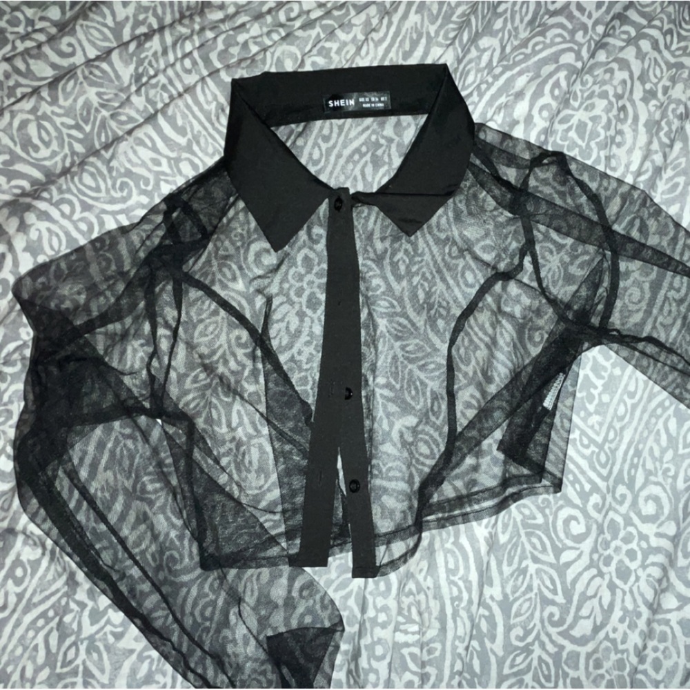 ICON Button Up Flounce Sleeve Cop Sheer Mesh Top Without Bra